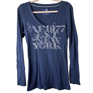 Lg Y2K VTG American Eagle Navy Ribbed Long Sleeve Tee Campus Elena Gilbert 2000s